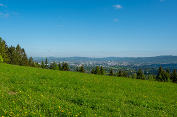 Obraz premium View of the city of Liberec from nearby hills around Jested mountain. Urban landscape surrounded by greenery and hills, typical northern Bohemia summer scenery