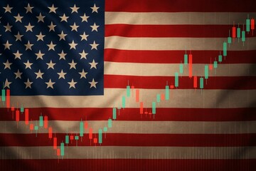 patriotic financial market background featuring american flag and trading candlesticks chart