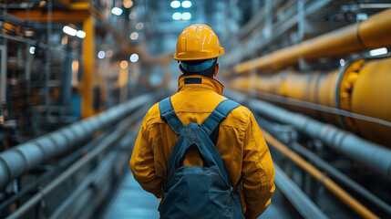A man wearing a bright yellow safety jacket and hard hat walks down a passageway inside an industrial facility surrounded by massive pipelines and metal structures..
