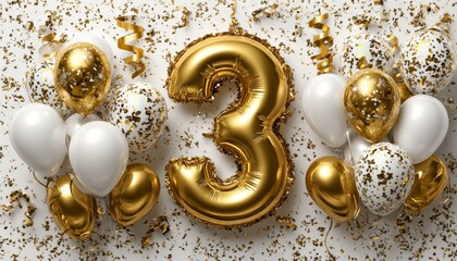Golden Number 3 Balloon for 3rd Birthday Celebration with Festive Balloons and Confetti