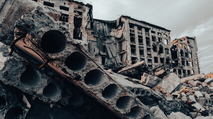 ruined street and destroyed houses the city war in Ukraine