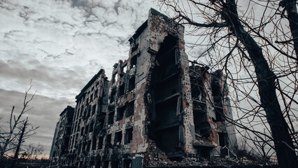 ruined street and destroyed houses the city war in Ukraine