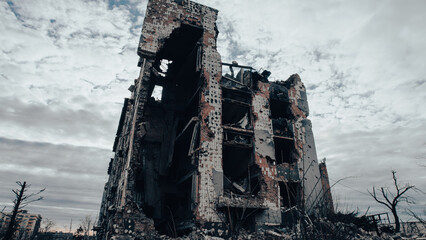 ruined street and destroyed houses the city war in Ukraine