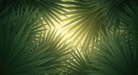 Obraz premium A tropical leaf background with abstract palm fronds in muted jade and olive green layered with soft shadows and warm sunlight filtering through