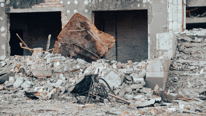 ruined street and destroyed houses the city war in Ukraine