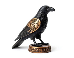 Fototapeta premium Black Bird Statue with Gold Accents and Intricate Design on White Background