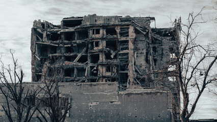 ruined street and destroyed houses the city war in Ukraine