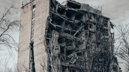 ruined street and destroyed houses the city war in Ukraine