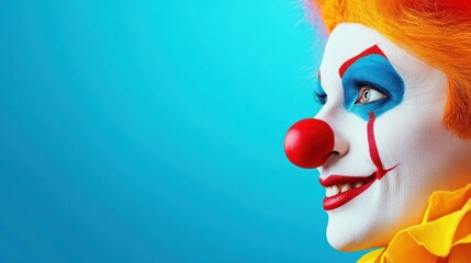 Clown with vibrant orange hair and colorful makeup smiling against a bright blue background