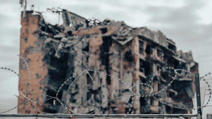 ruined street and destroyed houses the city war in Ukraine