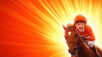 Young jockey in vibrant orange uniform rides a spirited horse, racing towards a radiant sunset backdrop