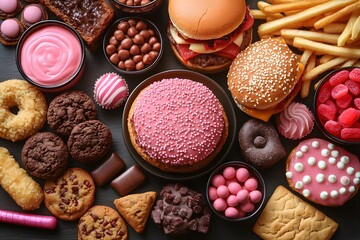 Overabundance of sugary treats and savory burgers on a dark surf