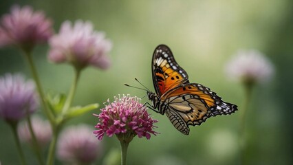 Fototapeta premium Butterfly on a Blossom: Witness the delicate dance of nature as a vibrant butterfly delicately perches upon a blossoming flower. A celebration of colors, patterns, and the beauty of the natural world.