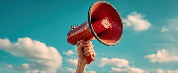 The megaphone held high against a vibrant blue sky for impactful communication