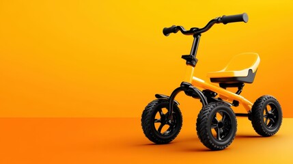 Brightly colored tricycle for toddlers on a vibrant orange background, showcasing playful design