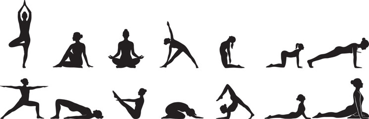 Yoga Poses Silhouette Vector Illustration on White Background.