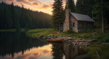 Fototapeta premium Secluded Lakeside Cabin at Sunrise A Peaceful Mountain Retreat