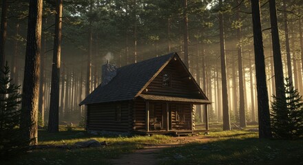 Secluded Log Cabin in a Misty Forest at Sunrise