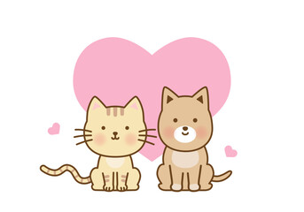 ハート付き仲良し犬と猫のイラスト