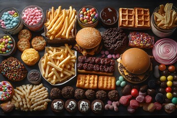 Overabundance of Unhealthy Food: Burgers, Fries, Candy, and Swee