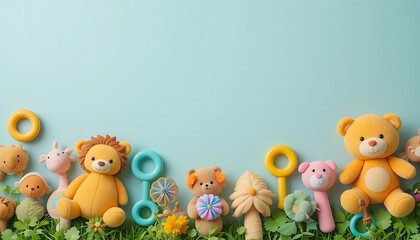 Obraz premium Baby Plush Toys Arrangement on Pastel Background with Copy Space