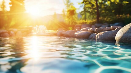 Serene sunrise over a tranquil pool with rocks, surrounded by lush greenery and sunlight