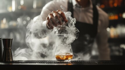 A close-up of a bartender lifting a glass dome, releasing a swirl of aromatic smoke over a whiskey-based cocktail.