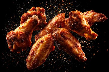 Crispy chicken wings in mid-air, with spice particles.