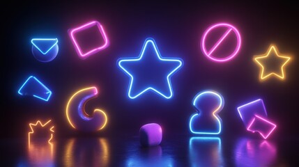 Colorful Neon Shapes and Light Symbols on Dark Background for Creative Design Projects