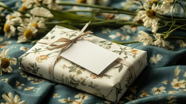 Gift wrapped in vintage floral paper with kraft twine and blank tag, placed on matching floral fabric, symbolizing romantic charm, handmade care, and nostalgic celebration.mock up,