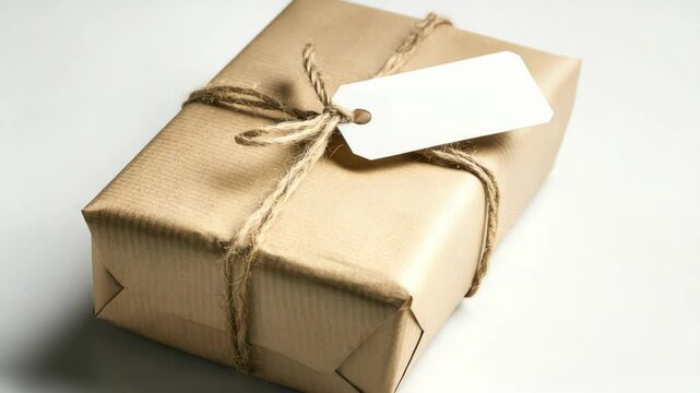 Eco-style gift wrapped in brown craft paper with rustic jute string and blank white tag, symbolizing natural simplicity, sustainable gifting, and handmade holiday charm.