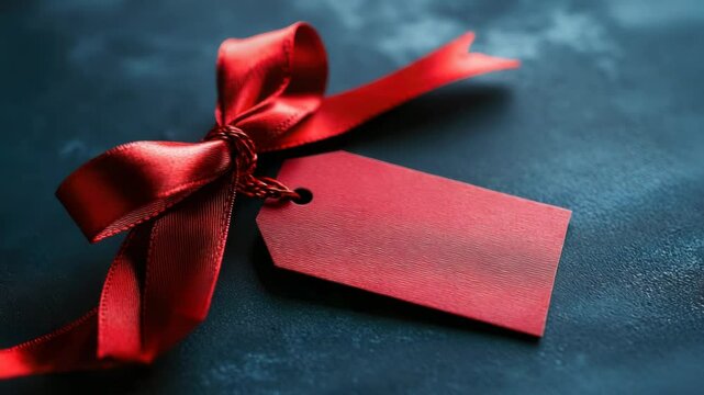Blank kraft gift tag tied with elegant red ribbon bow on dark textured background, symbolizing personal messages, gift-giving, special occasions,minimal holiday decoration.