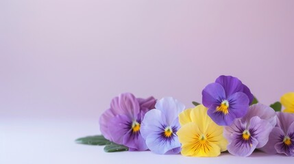 Miniature Pansies in shades of purple and yellow on a soft lilac table, creating a vibrant and cheerful composition with space for greetings.