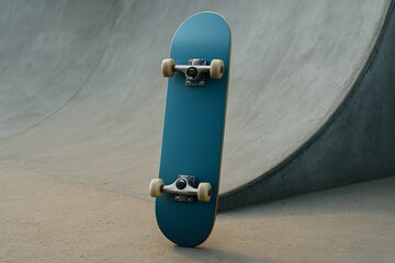 Blue skateboard by concrete ramp