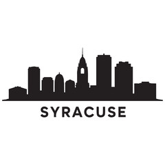 Obraz premium Panoramic View of Downtown Syracuse Skyline. Syracuse city black silhouette skyscrapers and buildings. Long cityscape. Vector black silhouette. with white background