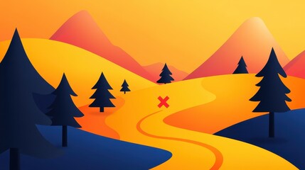 Vibrant sunset landscape with rolling hills, silhouetted trees, and a winding path leading to a distant horizon