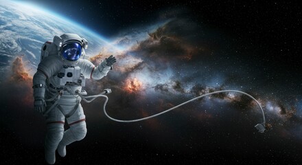 Fototapeta premium An astronaut floats in space, the Earth and nebula are in the background. They are connected to the spacecraft