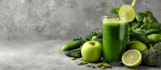 Green smoothie with various healthy ingredients.