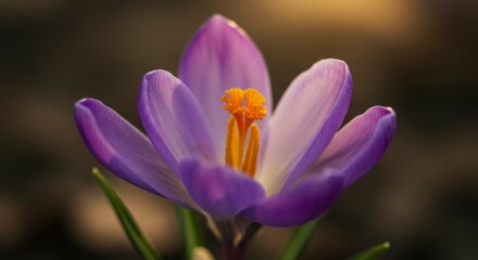 Close-up of a purple crocus flower with an orange center, illuminated by sunlight, with petals open