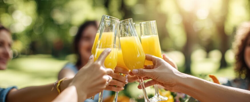 The vibrant toast of friends enjoying mimosas in a sunny garden setting.