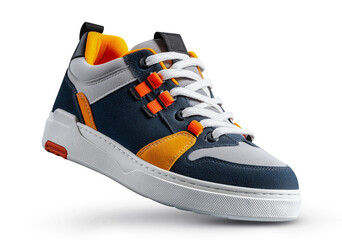 Sneakers in navy blue with white laces, with grey and orange accents on the sides, placed against a PNG background. Close-up shot showcasing the shoes from the front view. High-quality product photo