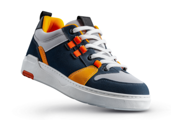 Sneakers in navy blue with white laces, with grey and orange accents on the sides, placed against a PNG background. Close-up shot showcasing the shoes from the front view. High-quality product photo