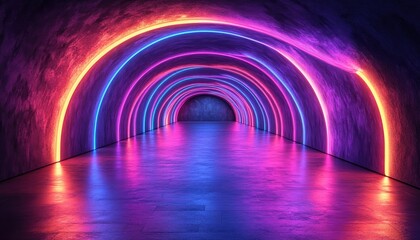 Curved tunnel with vibrant, multicolored neon lights and concrete walls. Great for futuristic concepts, abstract backgrounds, or modern designs.