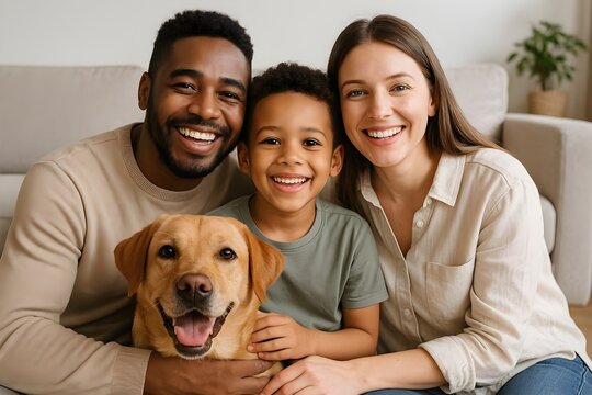Happy interracial family with child and dog smiling indoors