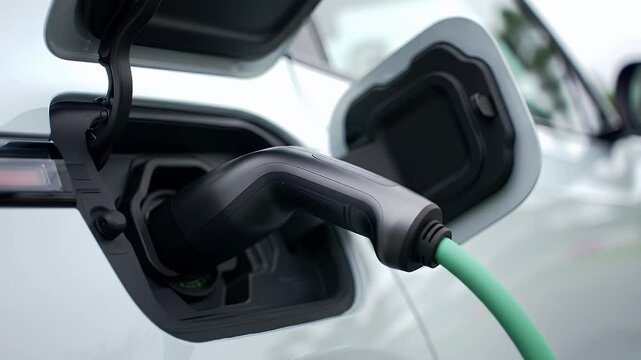 Electric Vehicle Charging: A Close-Up View of the Process,  Demonstrating Sustainable Transportation and Clean Energy Solutions.