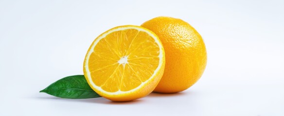 Fototapeta premium The vibrant orange showcasing its fresh slice and green leaf.