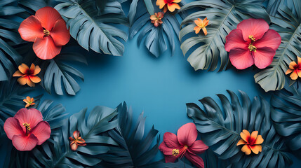 Minimalist tropical background with exotic fresh summer leaves, plants, colorful neon flowers on pastel blue wallpaper