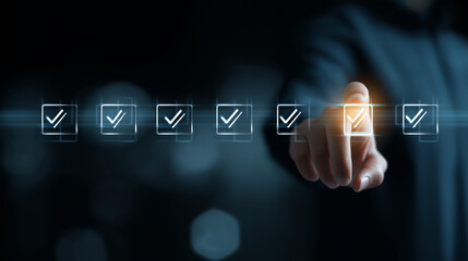 Digital checklist and survey form completion concept. Businesswoman interact with virtual checklist icons, digital forms, survey, data verification, document approval, and business process automation