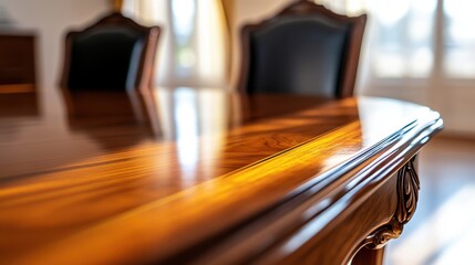 Elegant wooden conference table in a bright meeting room with soft sunlight streaming in