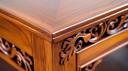 Close-up of intricately carved wooden table showcasing craftsmanship and rich texture
